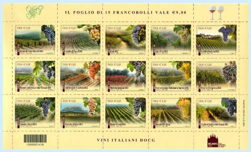 Escono il 24 marzo i 15 francobolli dedicati ai Vini Docg