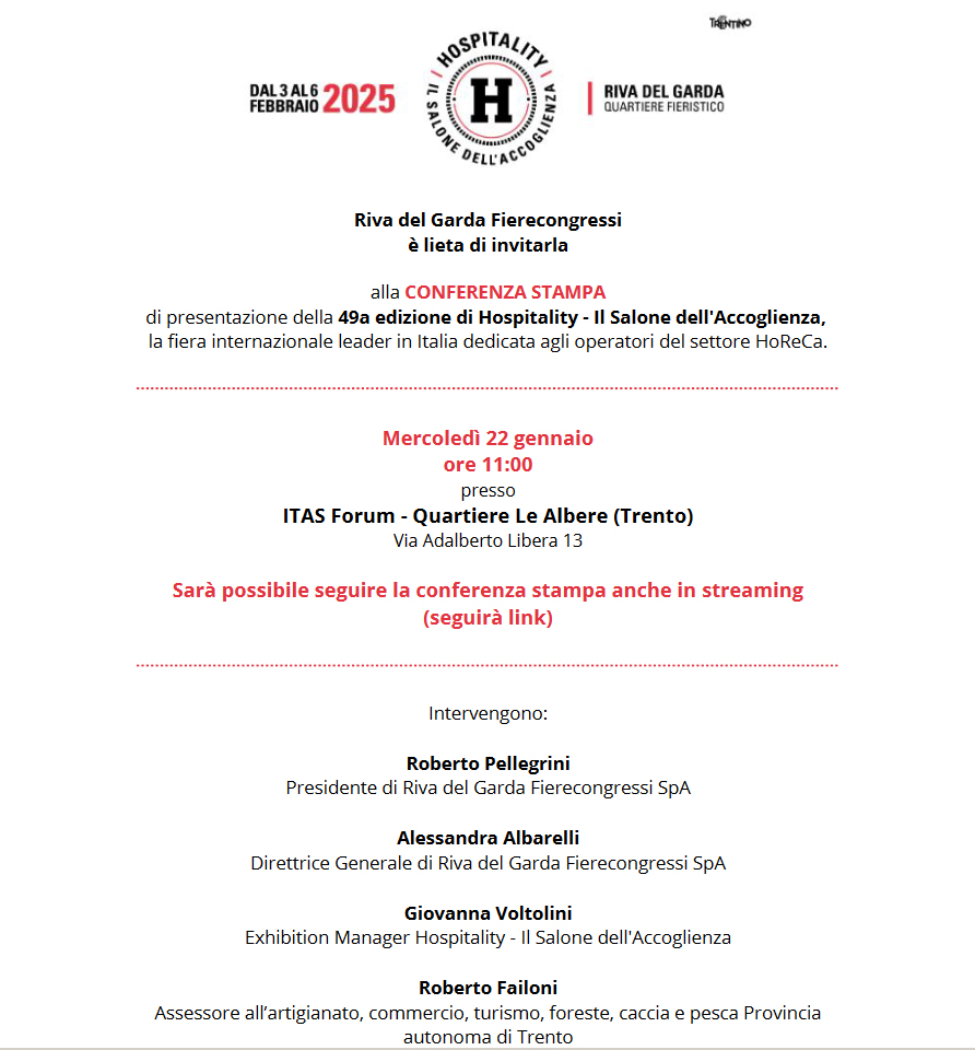 Fiera Hospitality - Conferenza Stampa mercoledì 22/01/2025 ore 11 in presenza a Trento e in streaming